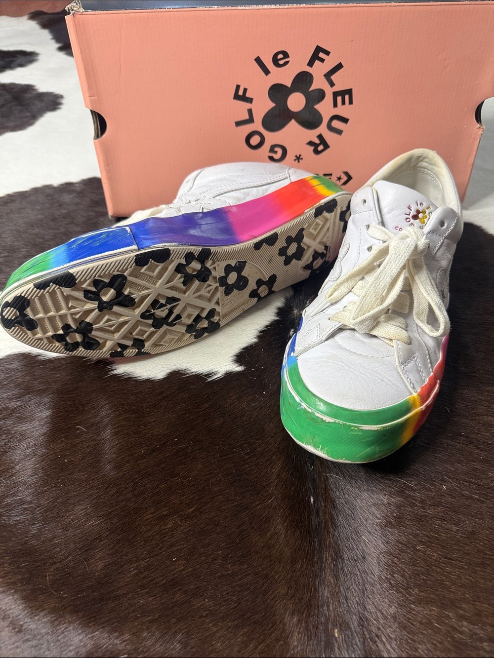 Golf Le Fleur White Canvas Sneakers with Rainbow Painted Sole